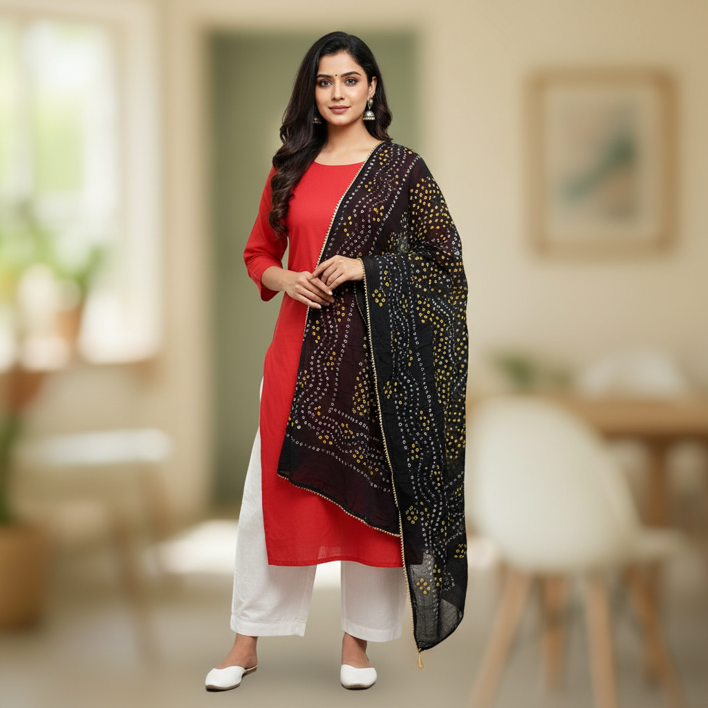 Woman wearing a red kurta with a black dupatta in a blurred indoor setting