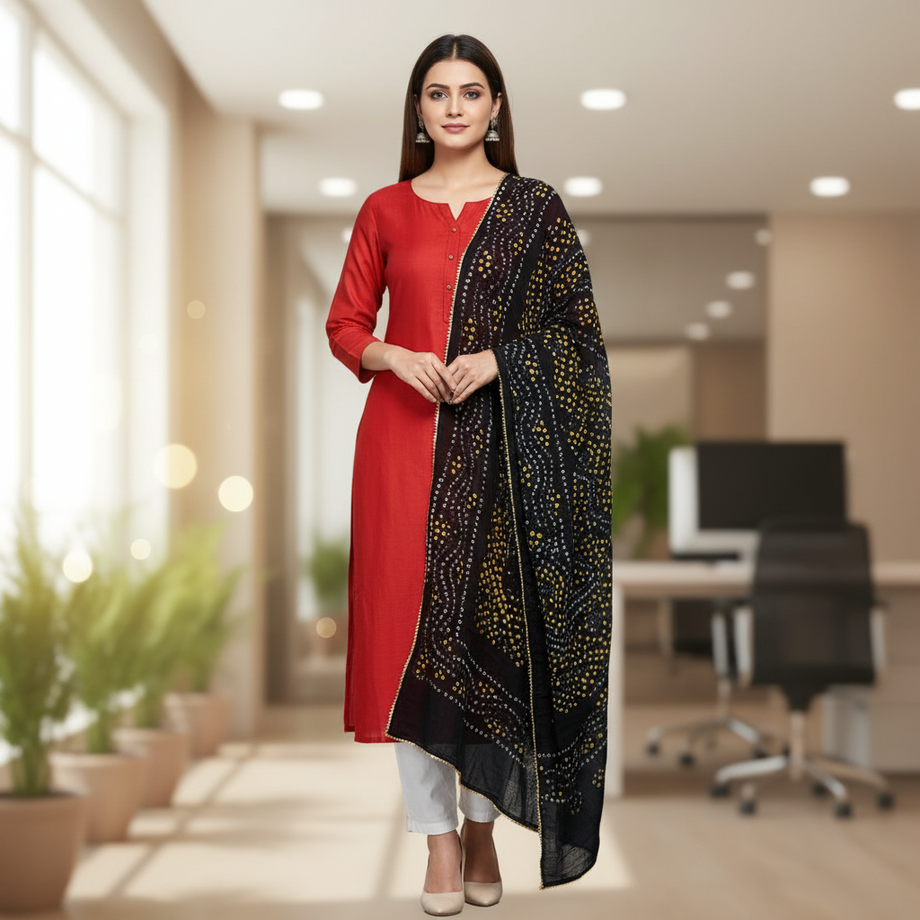 Woman in a red outfit with a black bandhani dupatta in an office setting