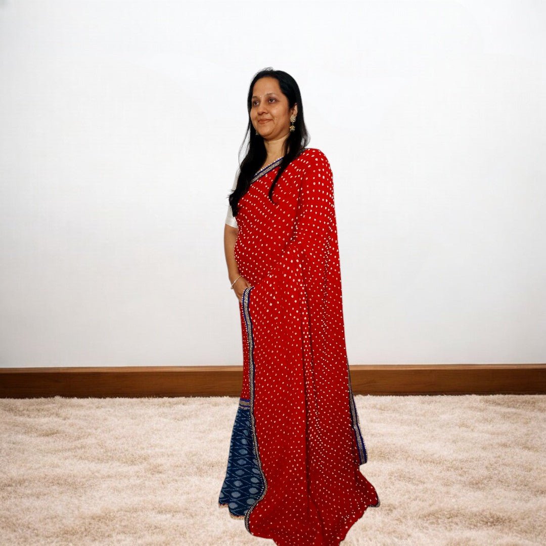IkBandh - BLUE RED IKKAT BANDHANI SAREE – Handmade Bandhani Saree in Gajji/Modal Silk | Aj Designs