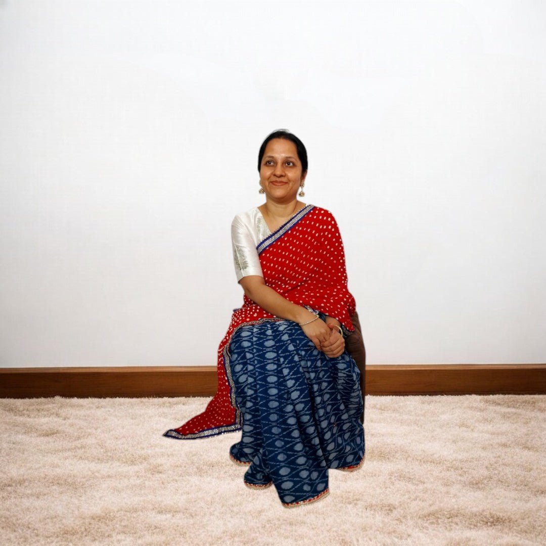 IkBandh - BLUE RED IKKAT BANDHANI SAREE – Handmade Bandhani Saree in Gajji/Modal Silk | Aj Designs