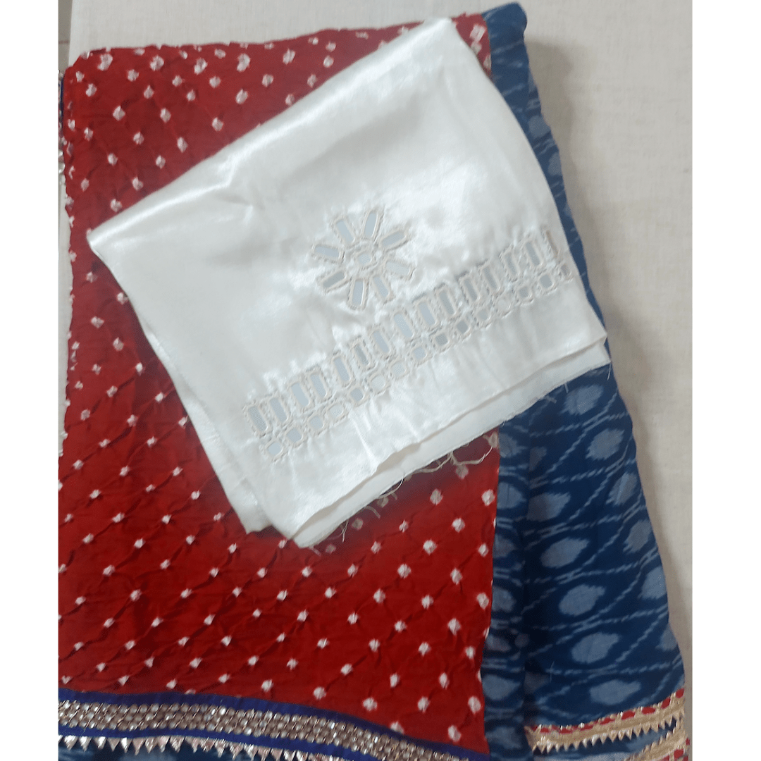 IkBandh - BLUE RED IKKAT BANDHANI SAREE – Handmade Bandhani Saree in Gajji/Modal Silk | Aj Designs