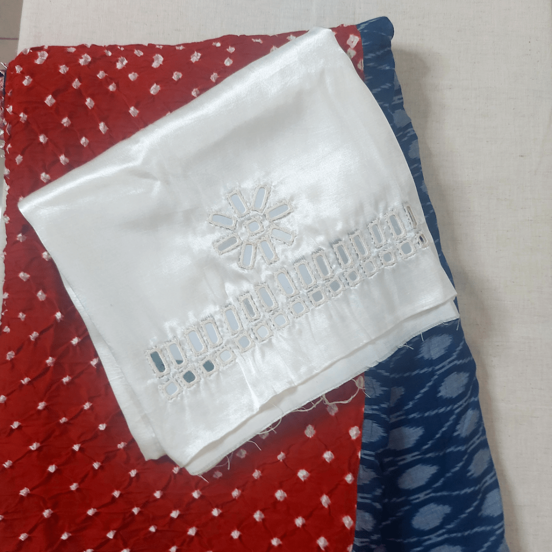 IkBandh - BLUE RED IKKAT BANDHANI SAREE – Handmade Bandhani Saree in Gajji/Modal Silk | Aj Designs