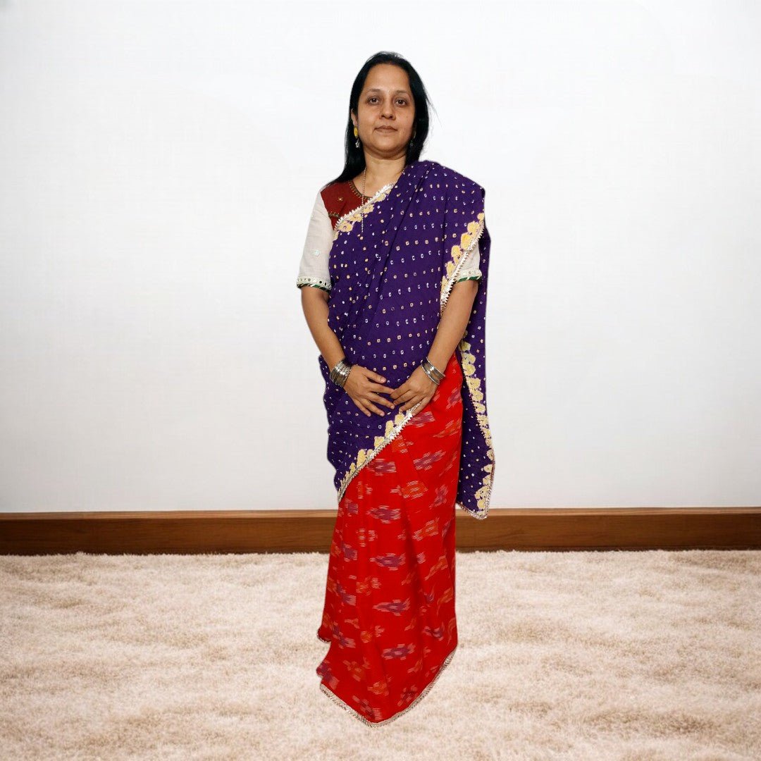 IkBandh - RED PURPLE IKKAT BANDHANI SAREE – Handmade Bandhani Saree in Gajji/Modal Silk | Aj Designs