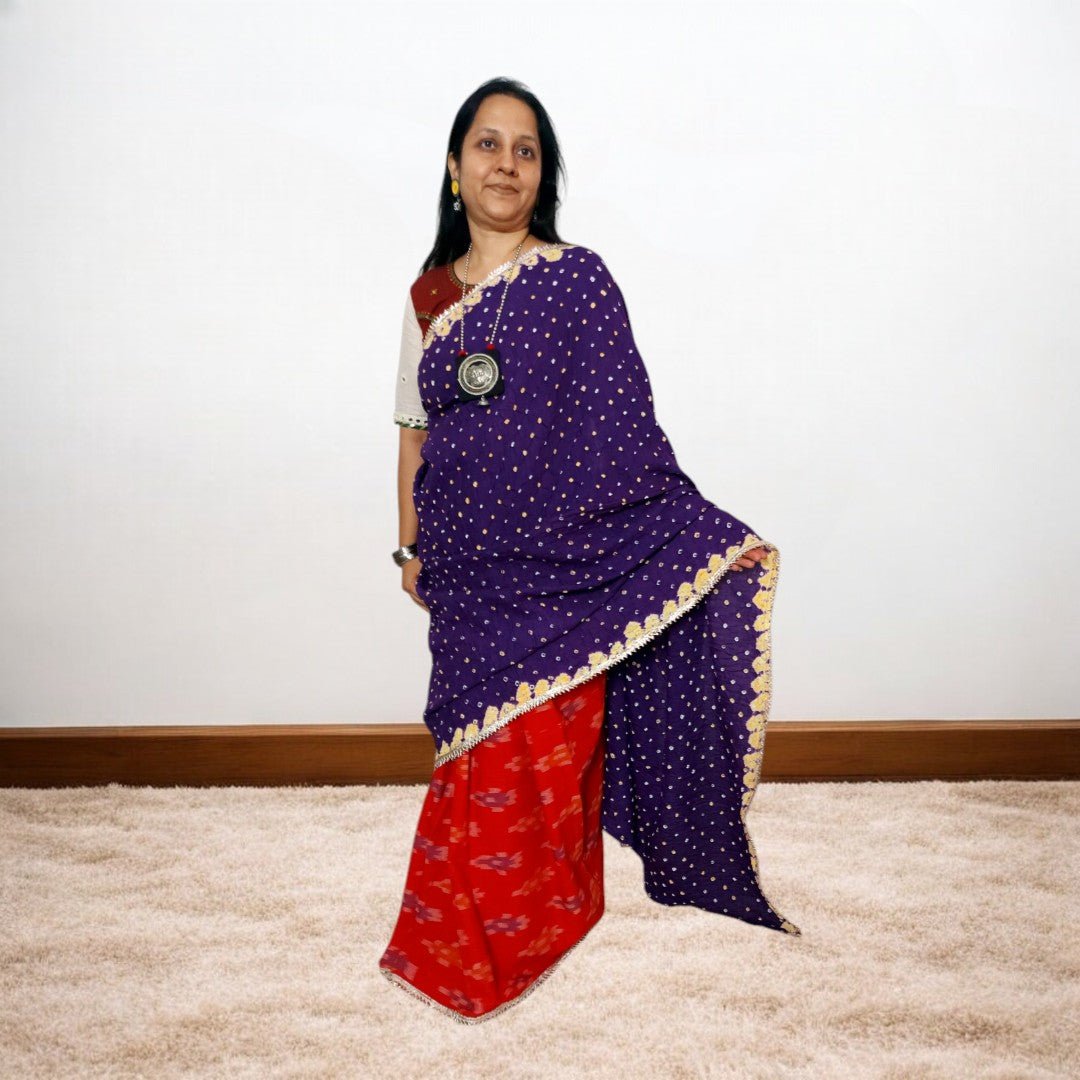 IkBandh - RED PURPLE IKKAT BANDHANI SAREE – Handmade Bandhani Saree in Gajji/Modal Silk | Aj Designs