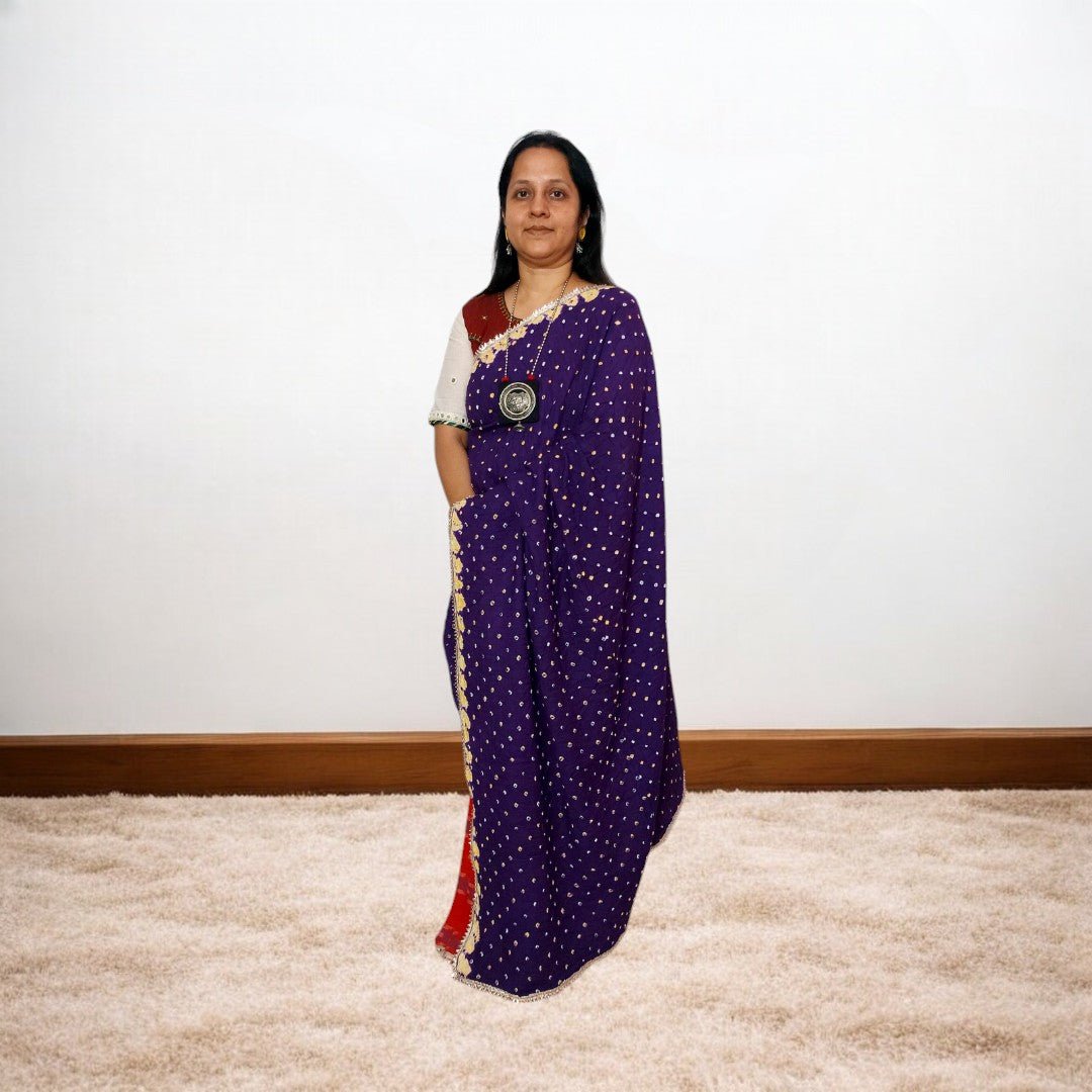 IkBandh - RED PURPLE IKKAT BANDHANI SAREE – Handmade Bandhani Saree in Gajji/Modal Silk | Aj Designs