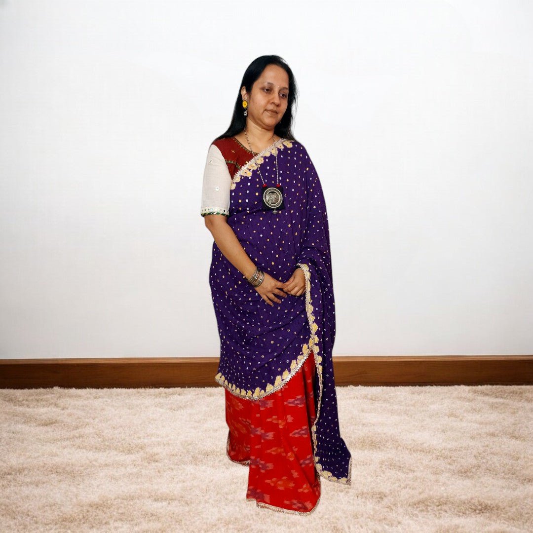 IkBandh - RED PURPLE IKKAT BANDHANI SAREE – Handmade Bandhani Saree in Gajji/Modal Silk | Aj Designs