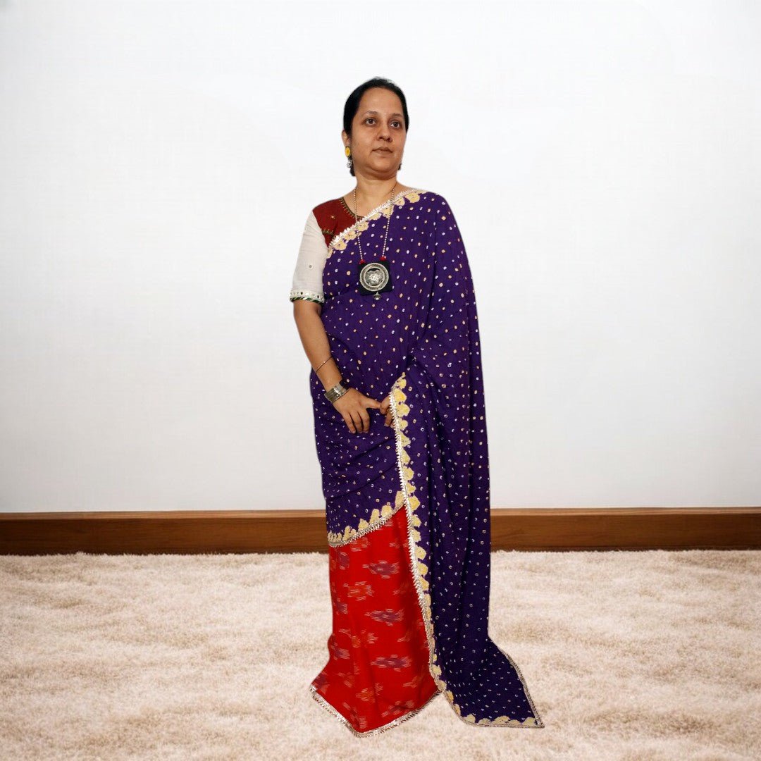 IkBandh - RED PURPLE IKKAT BANDHANI SAREE – Handmade Bandhani Saree in Gajji/Modal Silk | Aj Designs