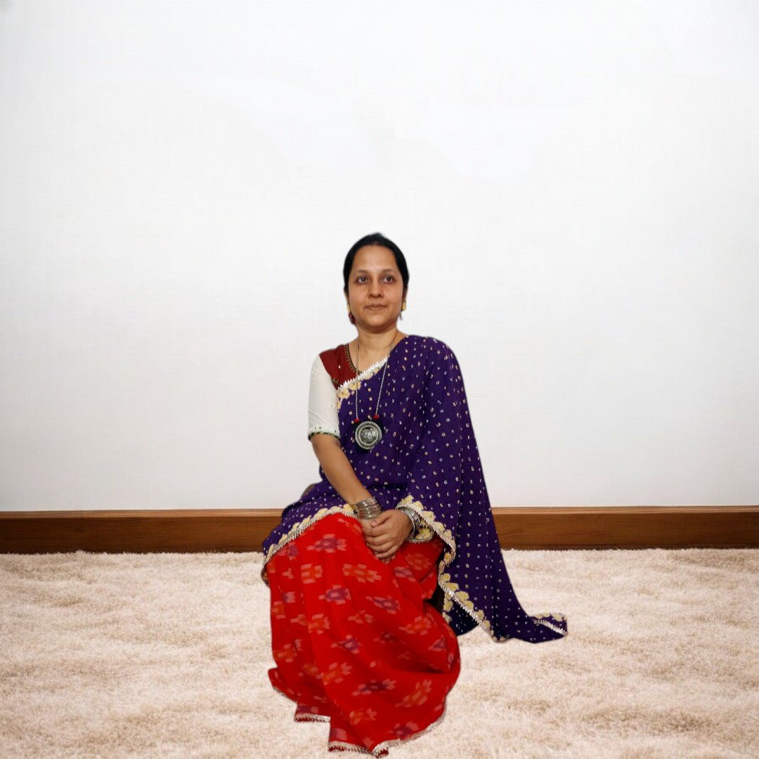 IkBandh - RED PURPLE IKKAT BANDHANI SAREE – Handmade Bandhani Saree in Gajji/Modal Silk | Aj Designs