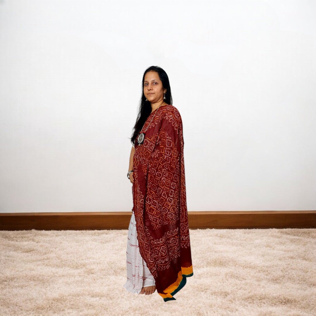 IkBandh - WHITE MAROON IKKAT BANDHANI SAREE – Handmade Bandhani Saree in Gajji/Modal Silk | Aj Designs