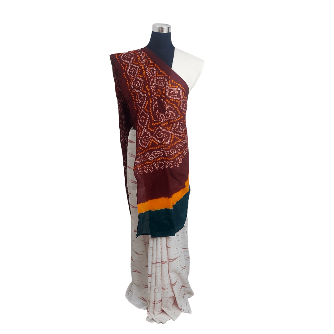IkBandh - WHITE MAROON IKKAT BANDHANI SAREE – Handmade Bandhani Saree in Gajji/Modal Silk | Aj Designs