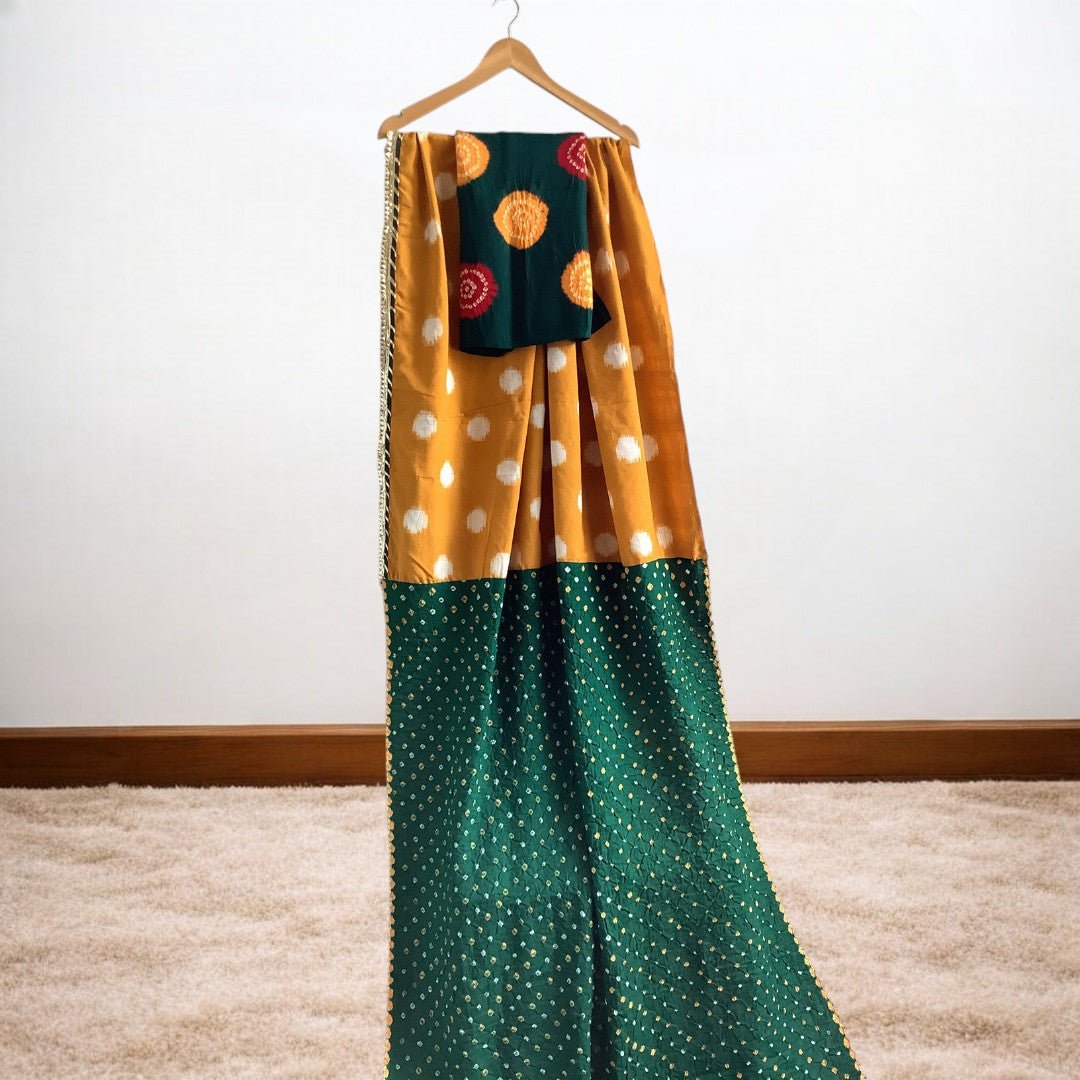 IkBandh - YELLOW GREEN DOUBLE IKKAT BANDHANI SAREE – Handmade Bandhani Saree in Gajji/Modal Silk | Aj Designs