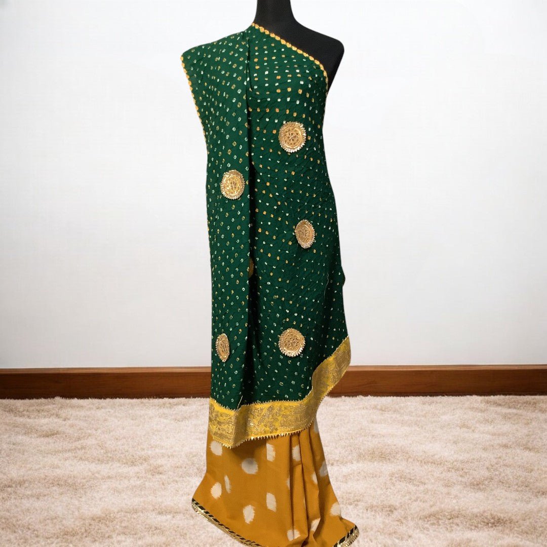 IkBandh - YELLOW GREEN DOUBLE IKKAT BANDHANI SAREE – Handmade Bandhani Saree in Gajji/Modal Silk | Aj Designs