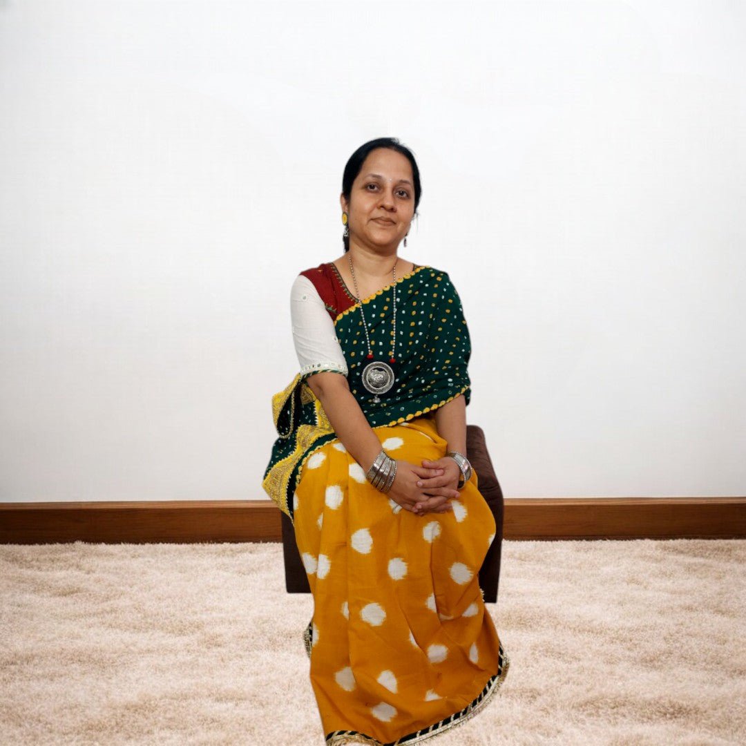 IkBandh - YELLOW GREEN DOUBLE IKKAT BANDHANI SAREE – Handmade Bandhani Saree in Gajji/Modal Silk | Aj Designs