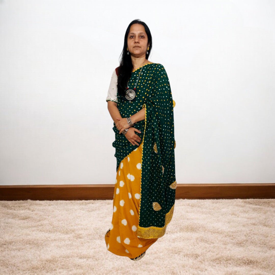 IkBandh - YELLOW GREEN DOUBLE IKKAT BANDHANI SAREE – Handmade Bandhani Saree in Gajji/Modal Silk | Aj Designs