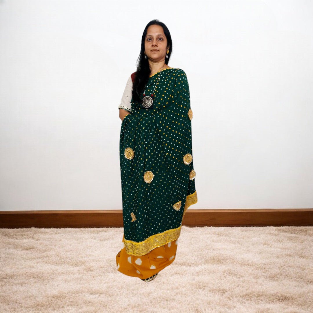 IkBandh - YELLOW GREEN DOUBLE IKKAT BANDHANI SAREE – Handmade Bandhani Saree in Gajji/Modal Silk | Aj Designs