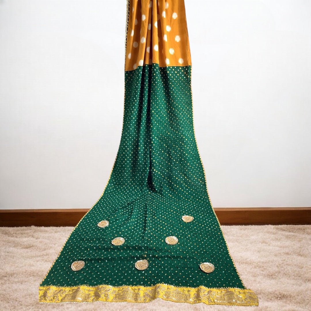 IkBandh - YELLOW GREEN DOUBLE IKKAT BANDHANI SAREE – Handmade Bandhani Saree in Gajji/Modal Silk | Aj Designs