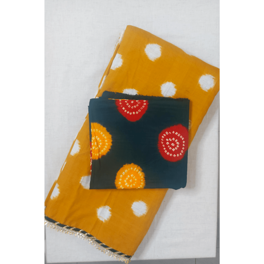 IkBandh - YELLOW GREEN DOUBLE IKKAT BANDHANI SAREE – Handmade Bandhani Saree in Gajji/Modal Silk | Aj Designs