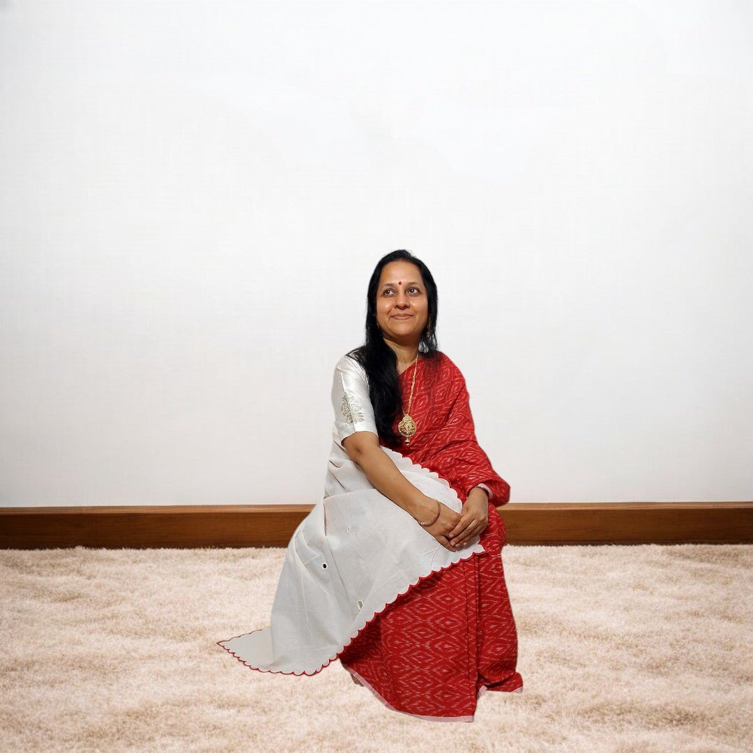 IkMirra - RED WHITE IKKAT MIRROR WORK SAREE – Handmade Bandhani Saree in Gajji/Modal Silk | Aj Designs