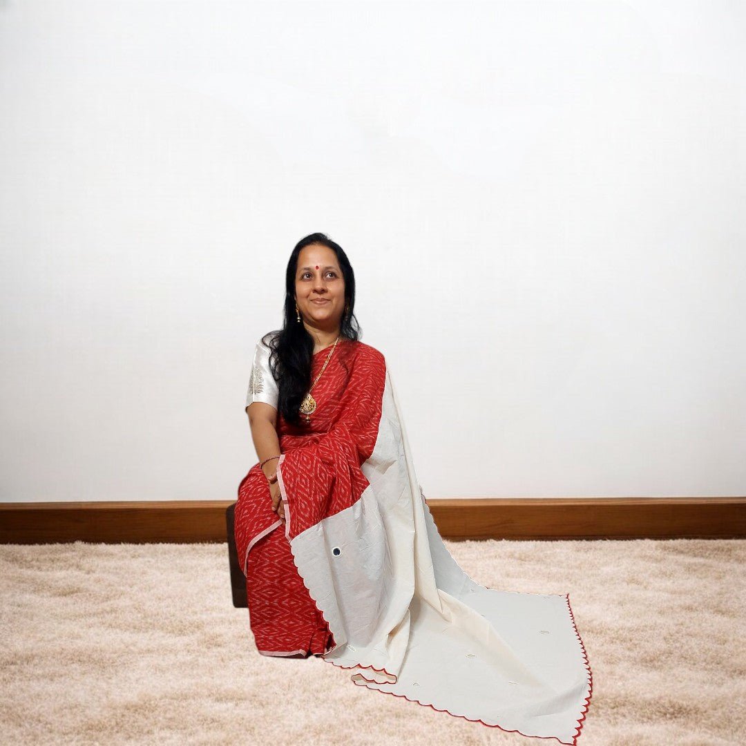 IkMirra - RED WHITE IKKAT MIRROR WORK SAREE – Handmade Bandhani Saree in Gajji/Modal Silk | Aj Designs