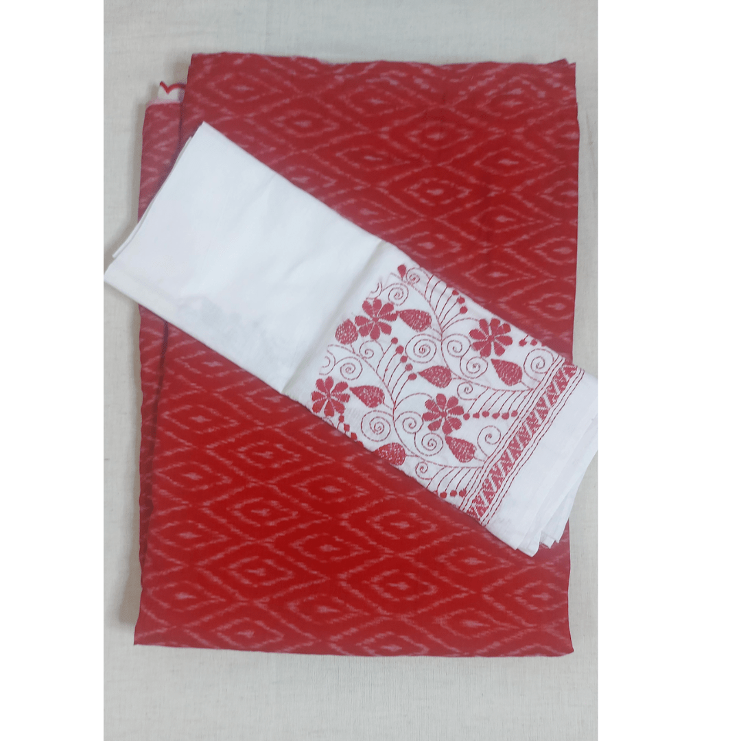 IkMirra - RED WHITE IKKAT MIRROR WORK SAREE – Handmade Bandhani Saree in Gajji/Modal Silk | Aj Designs
