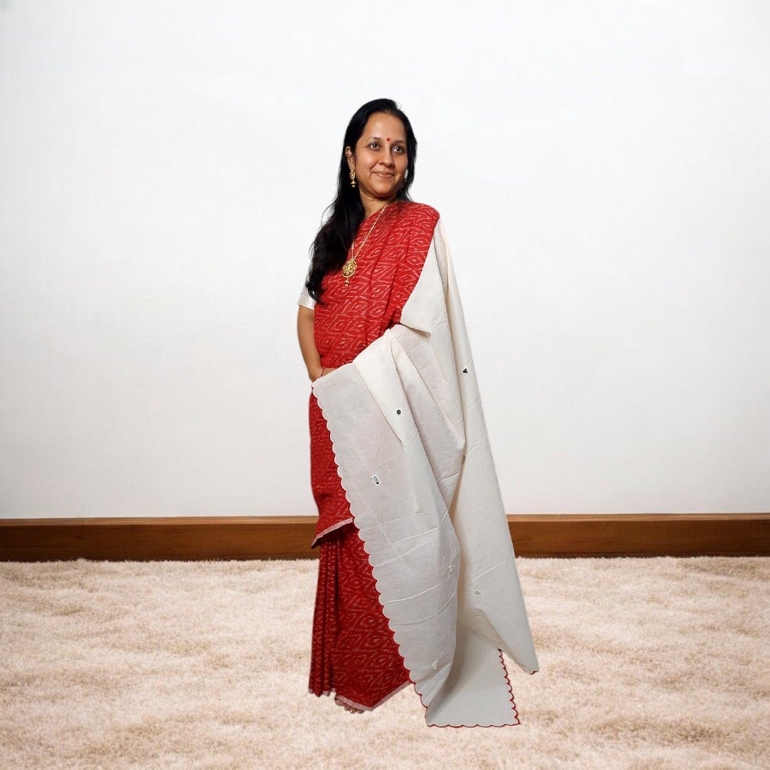IkMirra - RED WHITE IKKAT MIRROR WORK SAREE – Handmade Bandhani Saree in Gajji/Modal Silk | Aj Designs