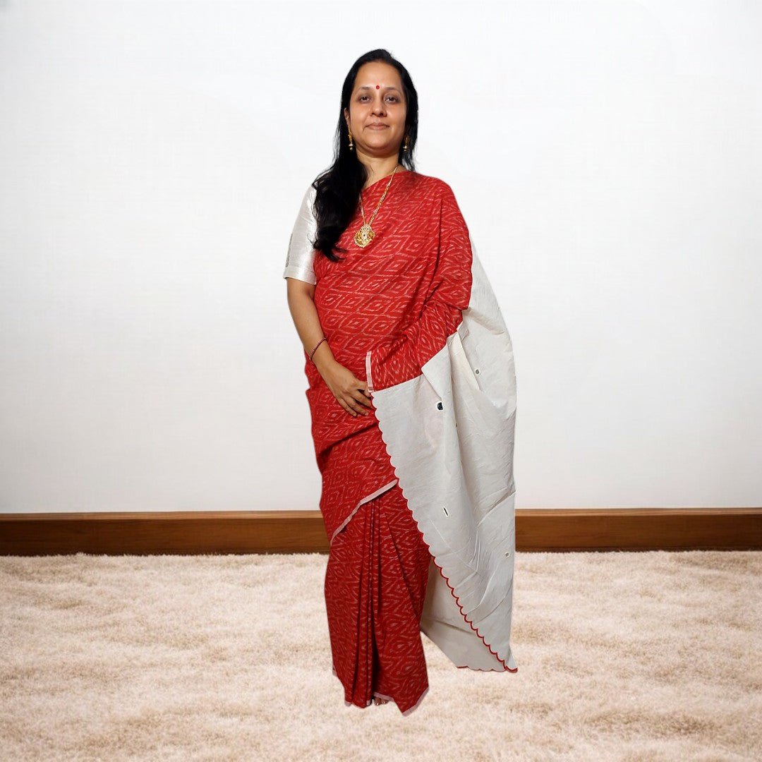 IkMirra - RED WHITE IKKAT MIRROR WORK SAREE – Handmade Bandhani Saree in Gajji/Modal Silk | Aj Designs