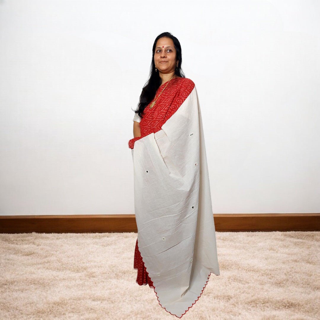 IkMirra - RED WHITE IKKAT MIRROR WORK SAREE – Handmade Bandhani Saree in Gajji/Modal Silk | Aj Designs