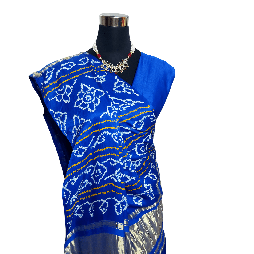 Kavya - Blue Gajji Silk Gharchola Bandhani Saree – Handmade Bandhani Saree in Gajji/Modal Silk | Aj Designs