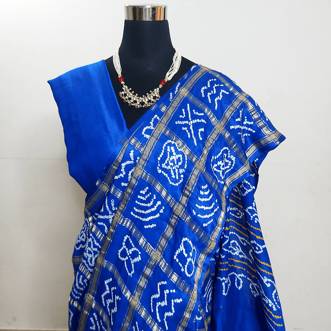 Kavya - Blue Gajji Silk Gharchola Bandhani Saree – Handmade Bandhani Saree in Gajji/Modal Silk | Aj Designs