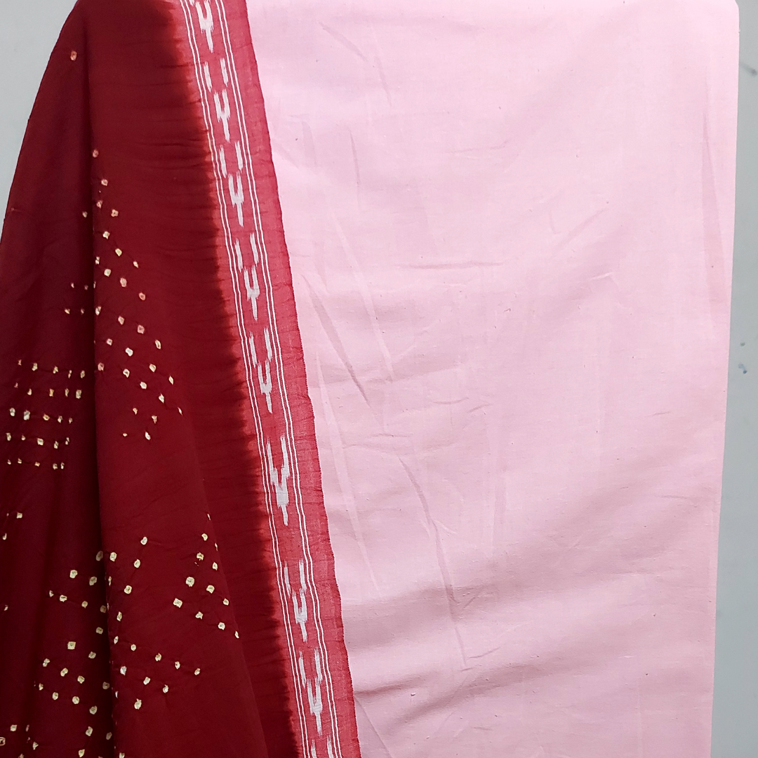 close up of Pink Cotton Linen Kurta Fabric with Handloom Cotton Ikkat Bandhani Dupatta