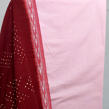 close up of Pink Cotton Linen Kurta Fabric with Handloom Cotton Ikkat Bandhani Dupatta