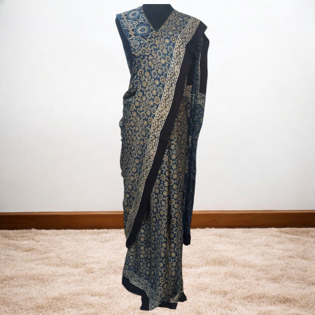 MAHIRA AJRAKH HAND BLOCK PRINTED MODAL SILK SAREE – Handmade Bandhani Saree in Gajji/Modal Silk | Aj Designs