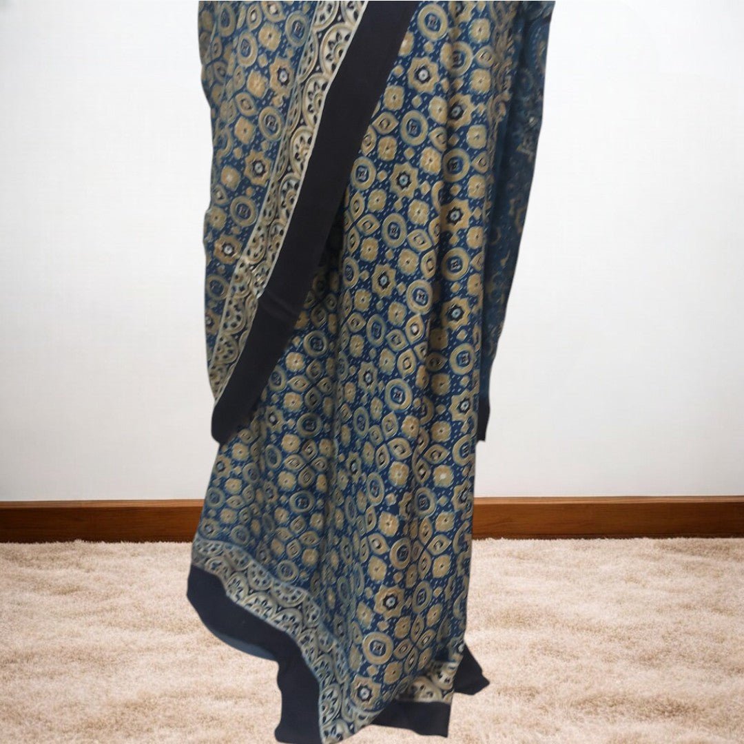 MAHIRA AJRAKH HAND BLOCK PRINTED MODAL SILK SAREE – Handmade Bandhani Saree in Gajji/Modal Silk | Aj Designs