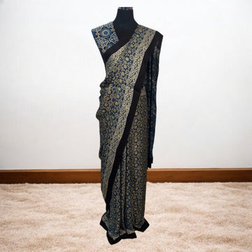 MAHIRA AJRAKH HAND BLOCK PRINTED MODAL SILK SAREE – Handmade Bandhani Saree in Gajji/Modal Silk | Aj Designs
