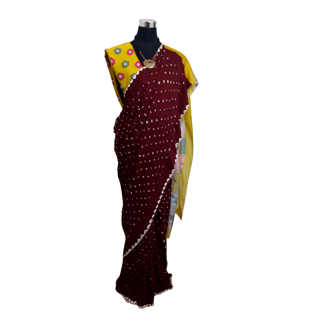 MAROON YELLOW PICHWAI BANDHANI SAREE – Handmade Bandhani Saree in Gajji/Modal Silk | Aj Designs
