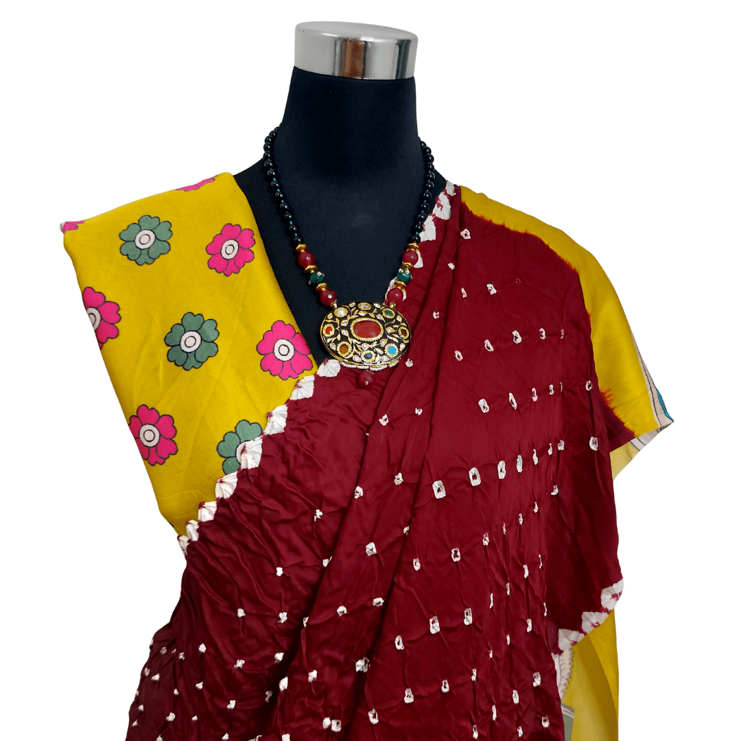 MAROON YELLOW PICHWAI BANDHANI SAREE – Handmade Bandhani Saree in Gajji/Modal Silk | Aj Designs
