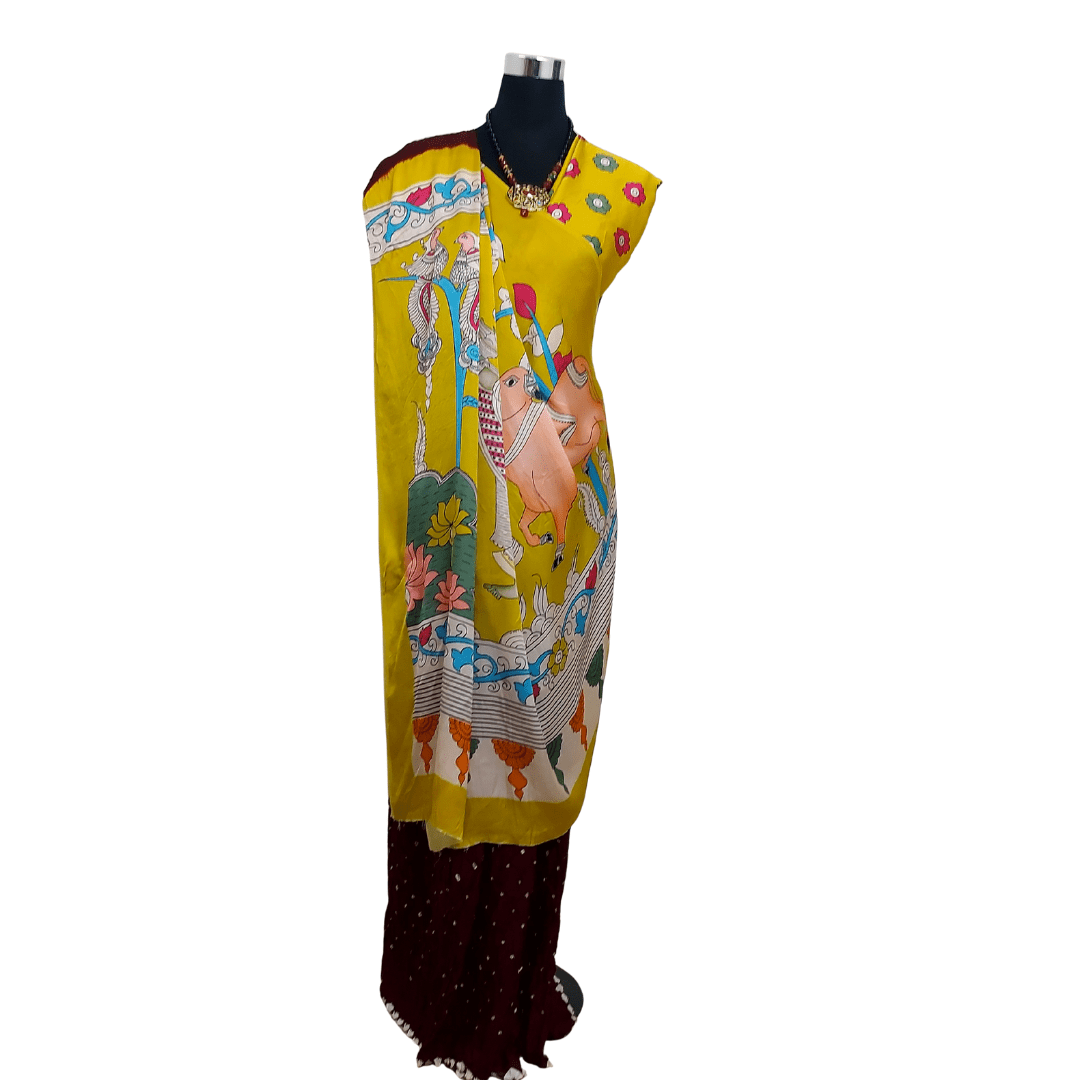 MAROON YELLOW PICHWAI BANDHANI SAREE – Handmade Bandhani Saree in Gajji/Modal Silk | Aj Designs