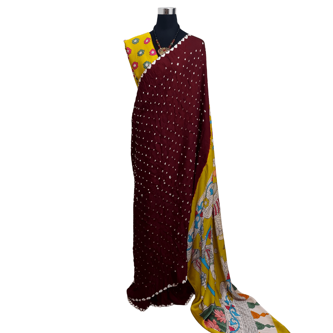 MAROON YELLOW PICHWAI BANDHANI SAREE – Handmade Bandhani Saree in Gajji/Modal Silk | Aj Designs