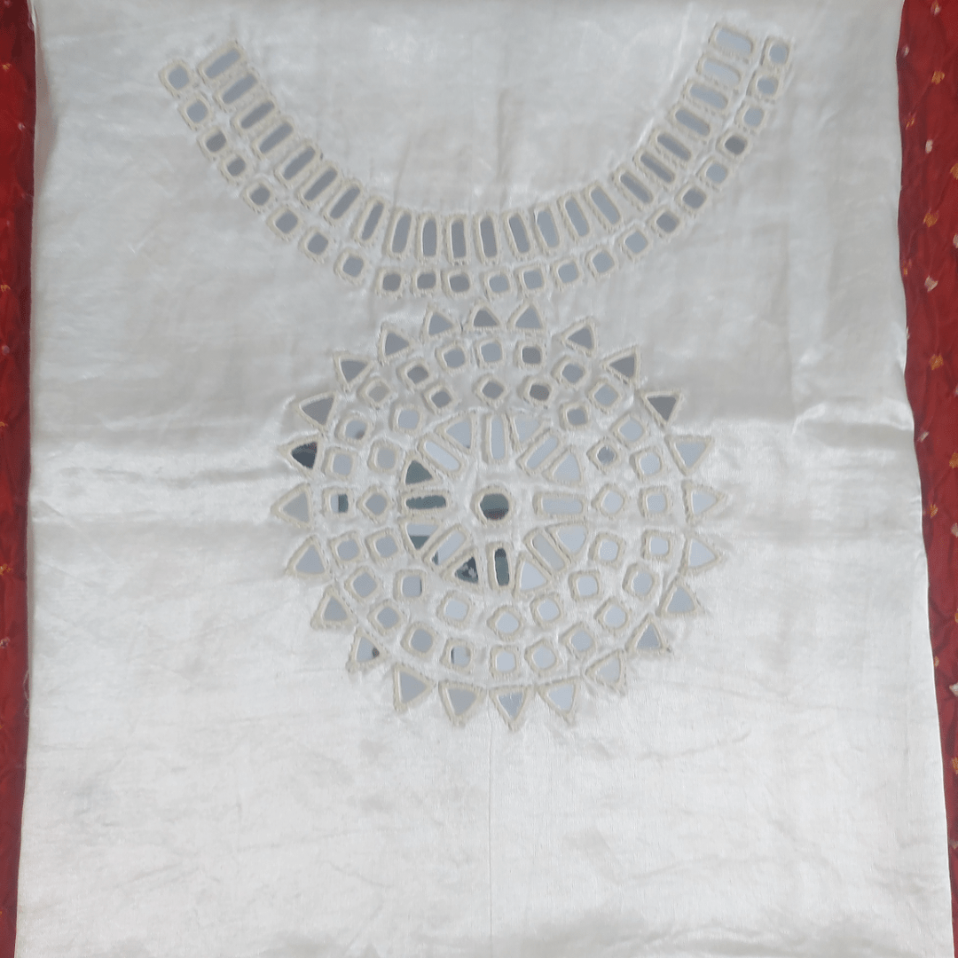 Mashru Heavy Mirror Work Blouse Piece - White – Handmade Bandhani Saree in Gajji/Modal Silk | Aj Designs