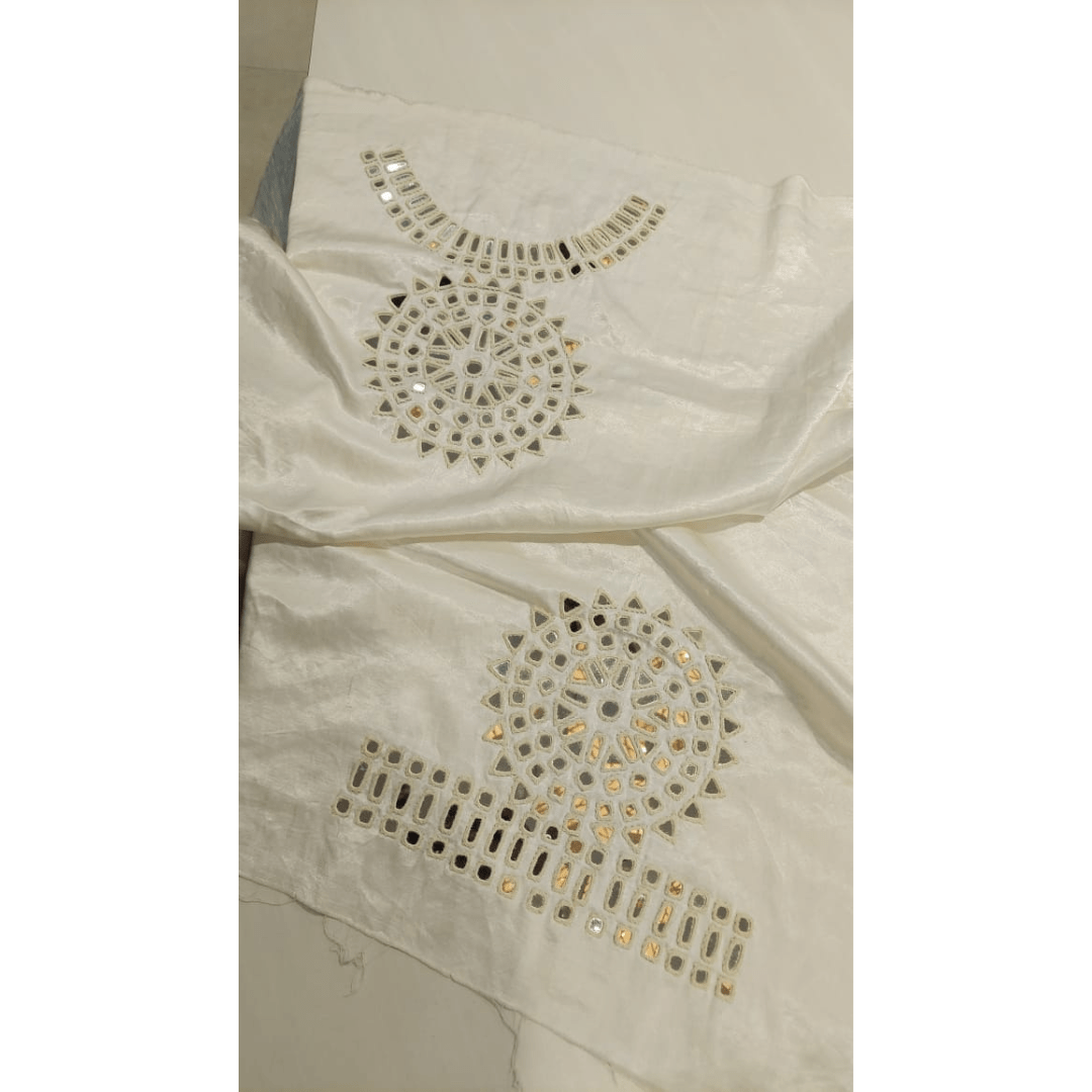 Mashru Heavy Mirror Work Blouse Piece - White – Handmade Bandhani Saree in Gajji/Modal Silk | Aj Designs