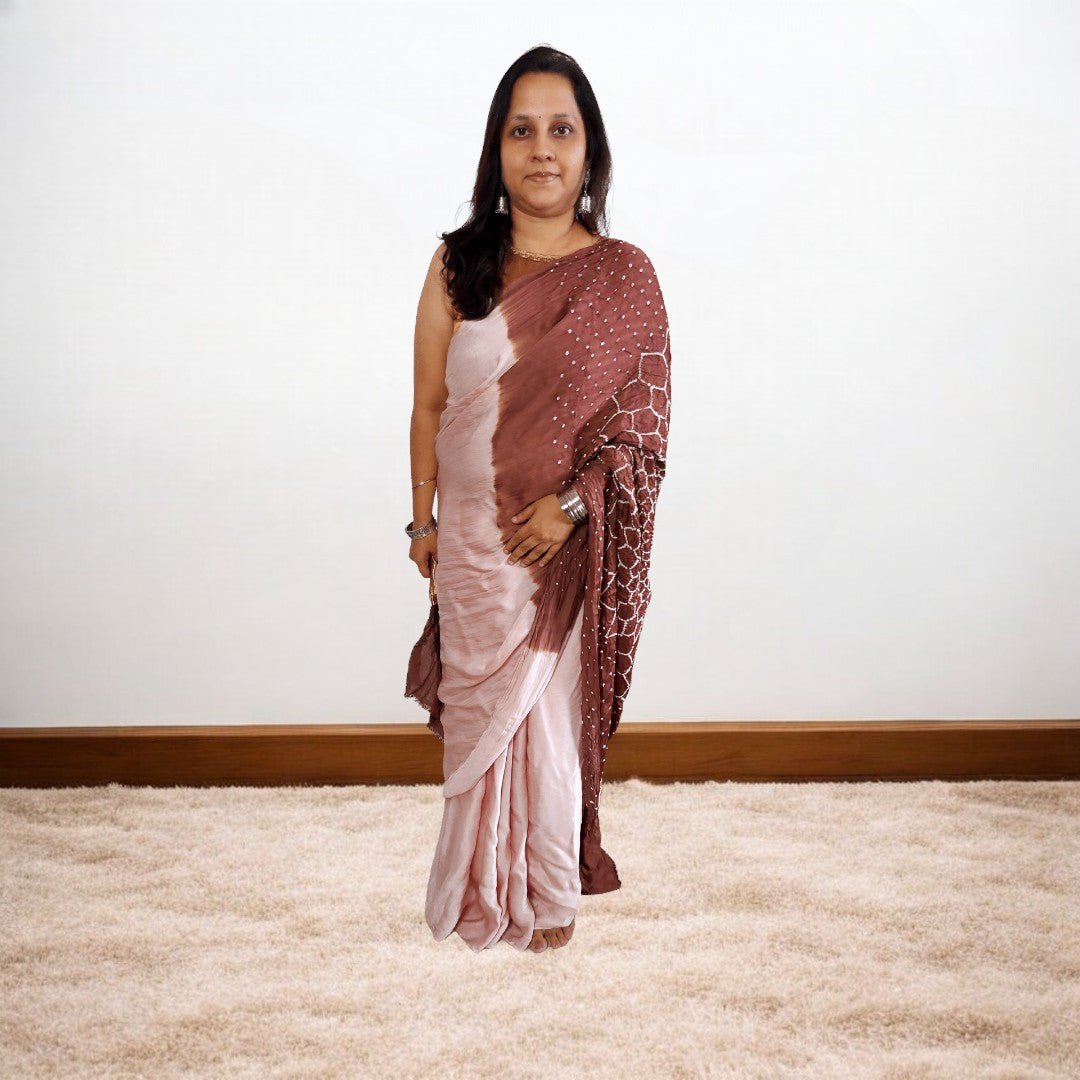 Modal Silk Plain Saree Bandhani Design Pallu with zari border – Handmade Bandhani Saree in Gajji/Modal Silk | Aj Designs