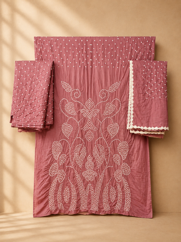 Onion Raidana Design Cotton Satin Bandhani Dress Material with top, bottom and dupatta