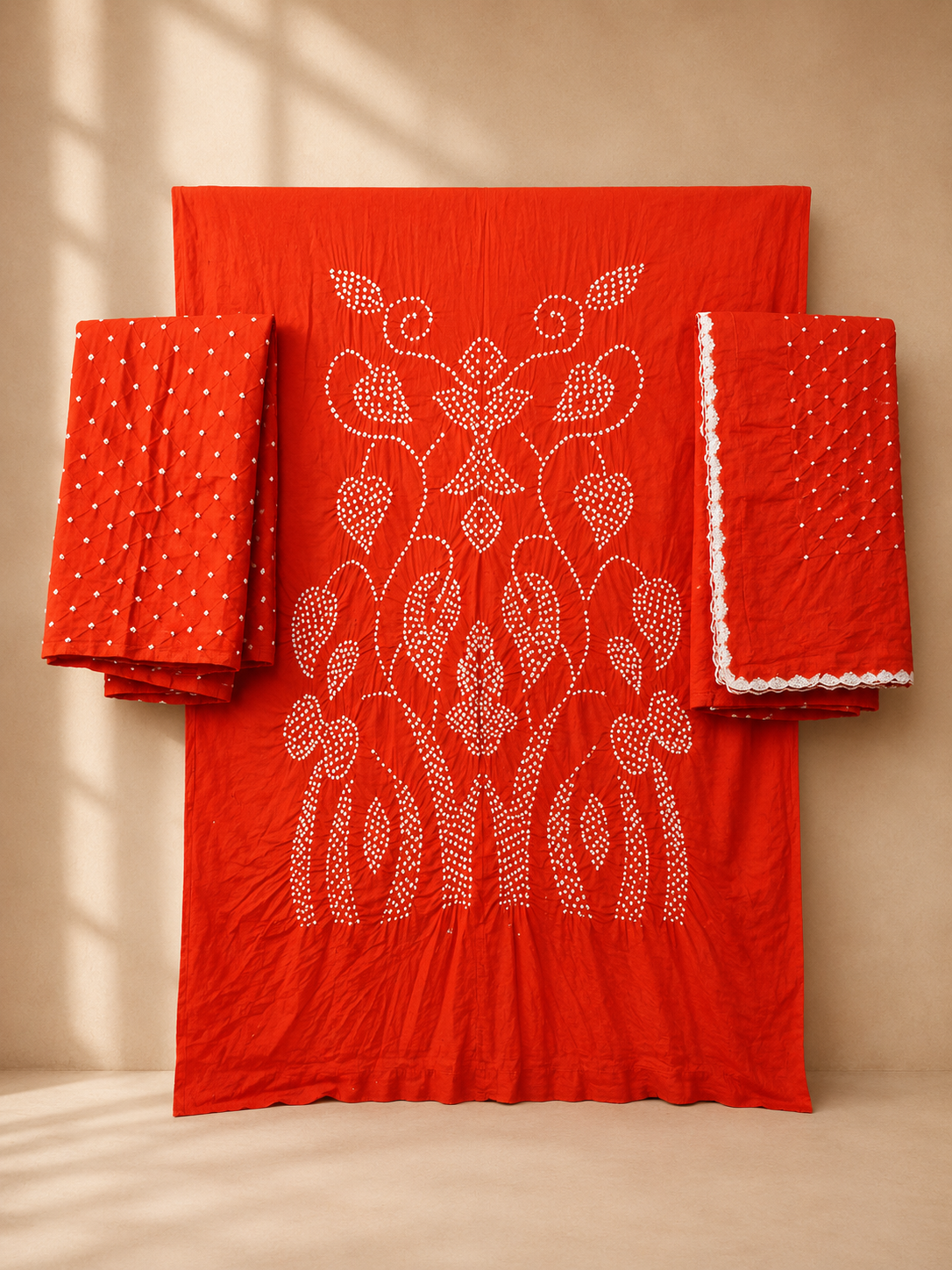 Orange Raidana Design Cotton Satin Bandhani Dress Material with top, bottom and dupatta