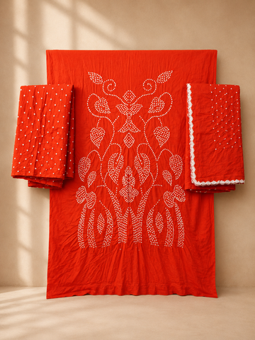 Orange Raidana Design Cotton Satin Bandhani Dress Material with top, bottom and dupatta