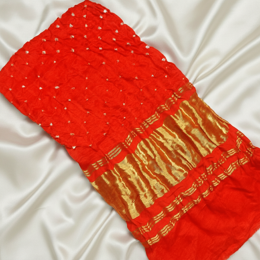orange bandhani blouse piece on offwhite satin background