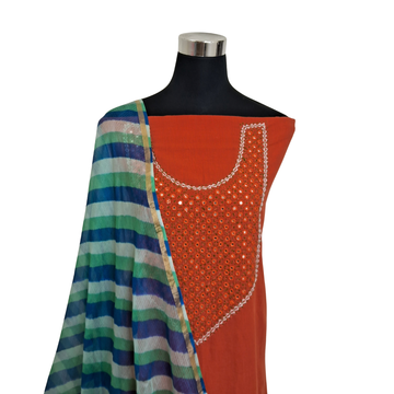 Exclusive Orange Kala Cotton Mirror Work Kurti with Kota Silk Leheriya Dupatta