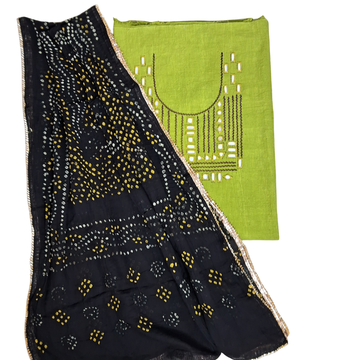 Exclusive Parrot Green Kala Cotton Mirror Work Kurti with Bandhani Dupatta