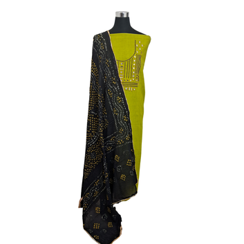 Exclusive Parrot Green Kala Cotton Mirror Work Kurti with Bandhani Dupatta