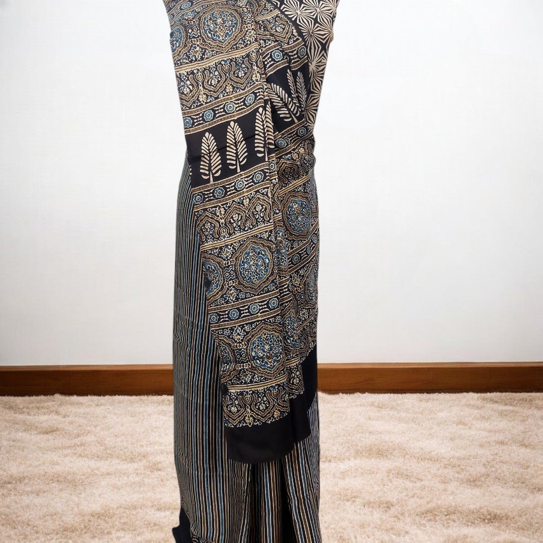 PATTERNED AJRAKH HAND BLOCK PRINTED MODAL SILK SAREE – Handmade Bandhani Saree in Gajji/Modal Silk | Aj Designs