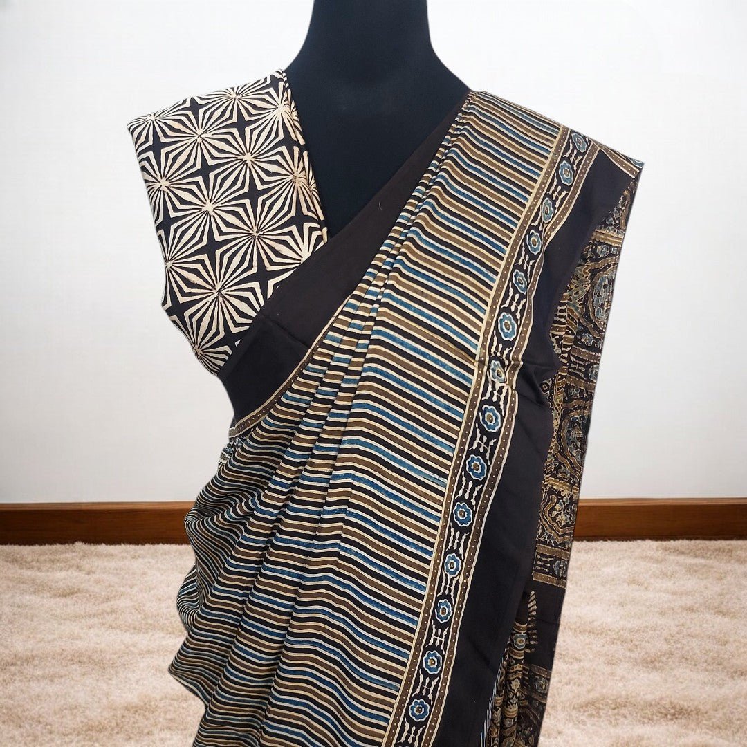 PATTERNED AJRAKH HAND BLOCK PRINTED MODAL SILK SAREE – Handmade Bandhani Saree in Gajji/Modal Silk | Aj Designs